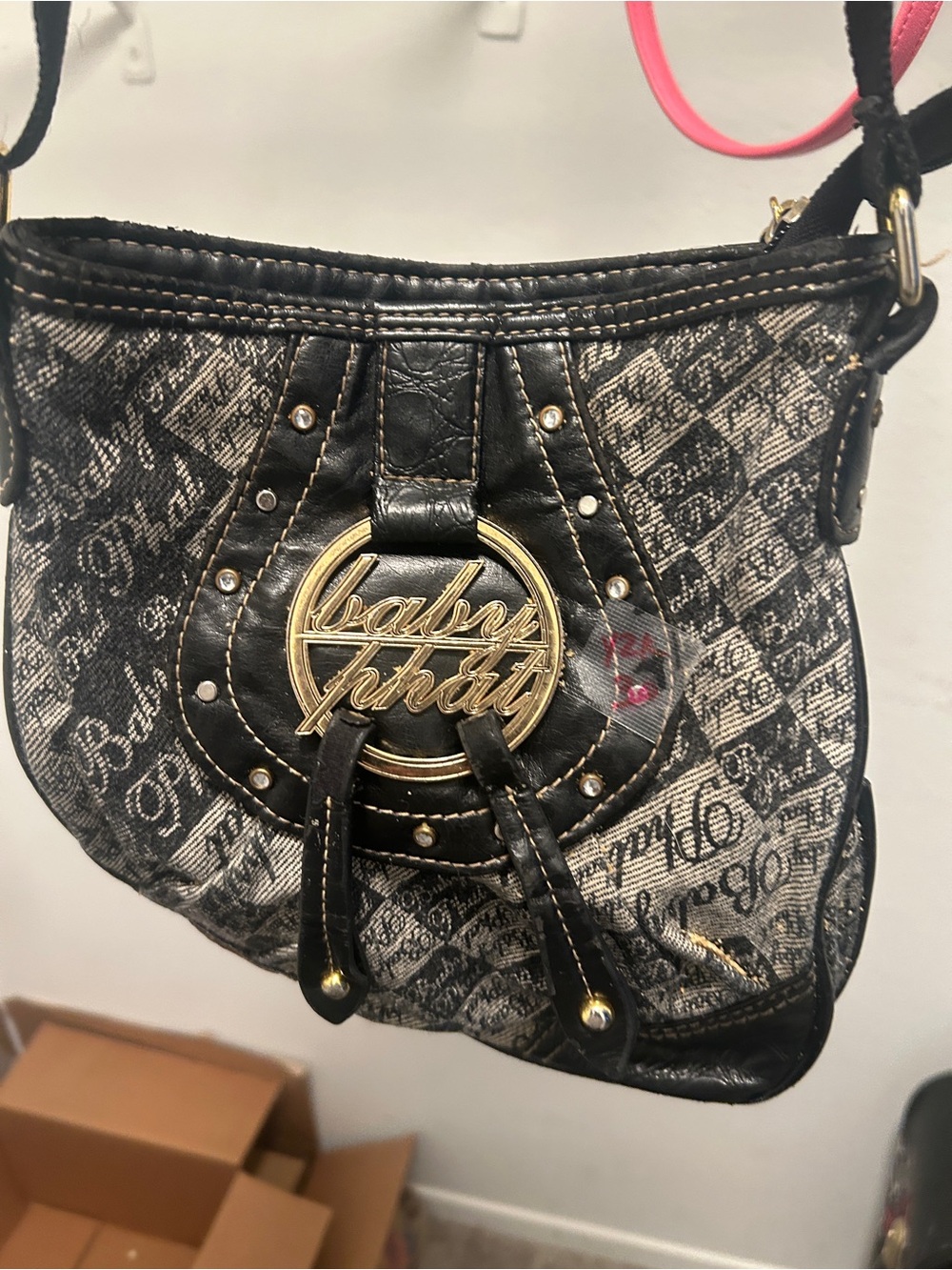 Baby Phat Black and Gray Logo Shoulder Bag with Gold Emblem